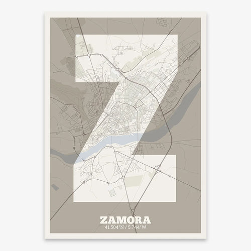 Mapa de Zamora en mi diseño la Súper Bold, un póster tipográfico donde el mapa de la ciudad se fusiona con una tipografía extra gruesa para un impacto visual moderno diseñado en marrón claro y fondo blanco roto