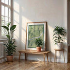 Modern interior design with a Zamora in Inseparable design, featuring the city's abbreviation in expressive typography over a detailed urban map designed in two green tones, displayed on a living room wall