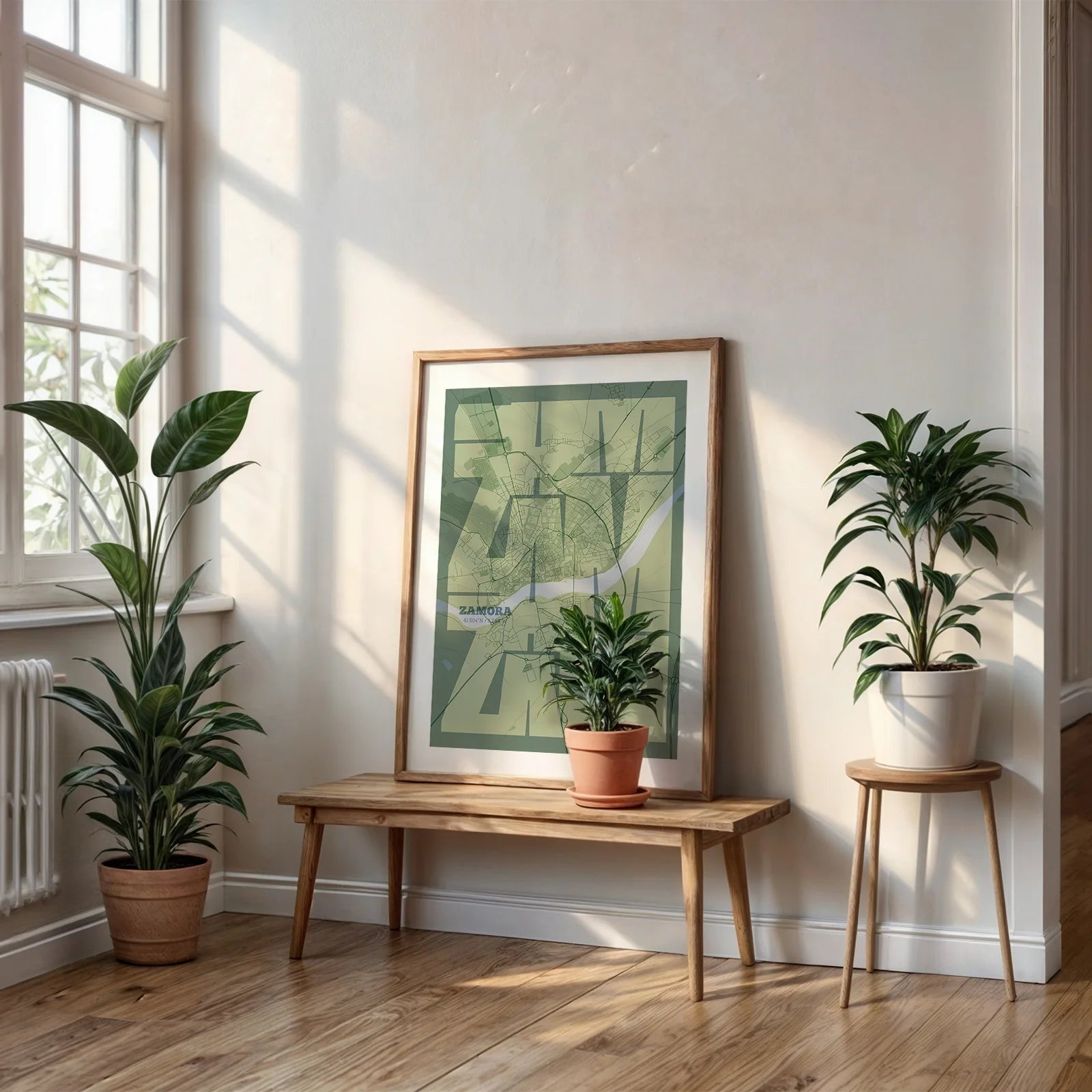 Modern interior design with a Zamora in Inseparable design, featuring the city's abbreviation in expressive typography over a detailed urban map designed in two green tones, displayed on a living room wall
