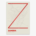 The map of Zamora in Ultralight design, a minimalist aesthetic combining urban cartography with modern, extra-thin elegant lettering designed in red and an off-white background