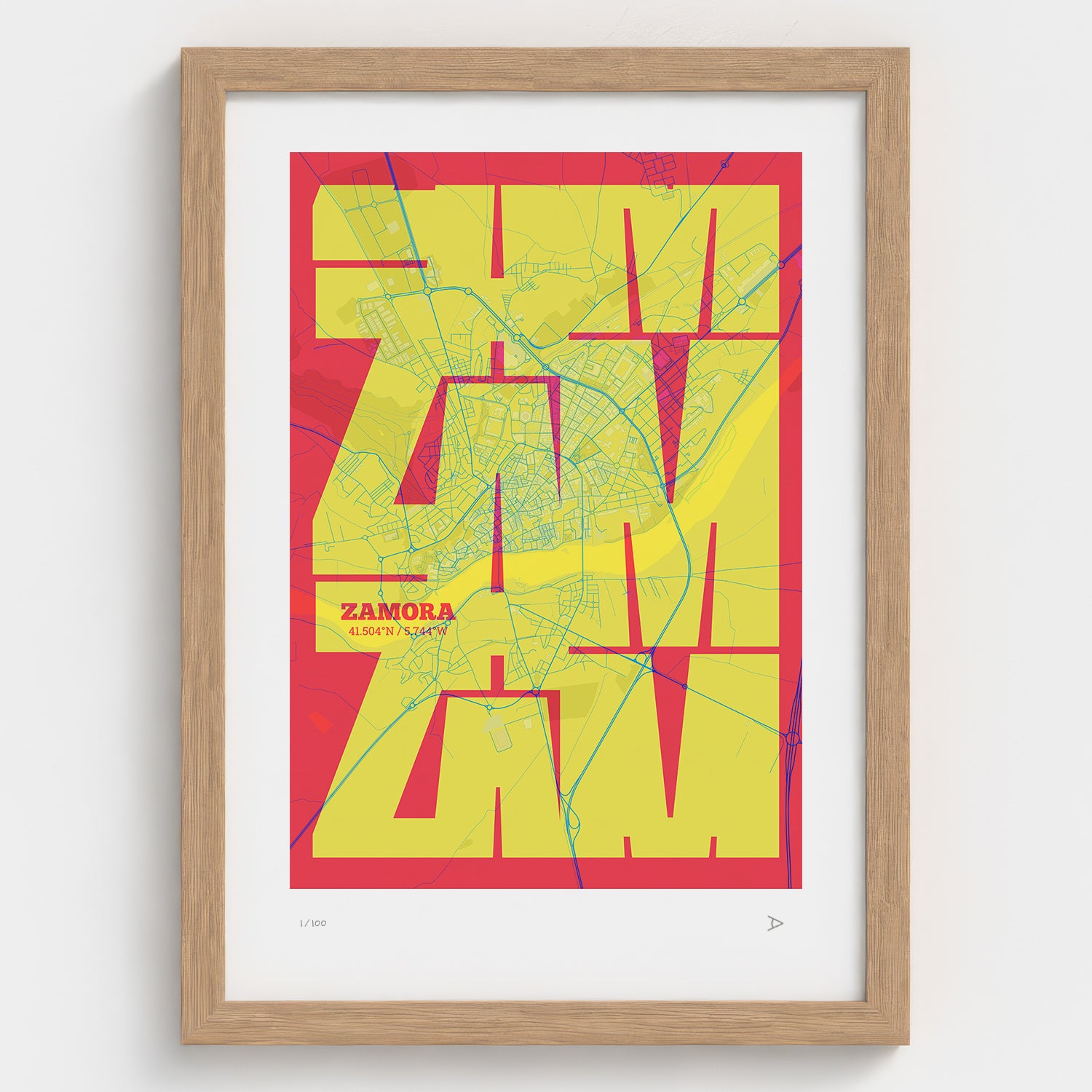 Lámina tipográfica de Zamora – diseño Inseparable, marco de madera natural