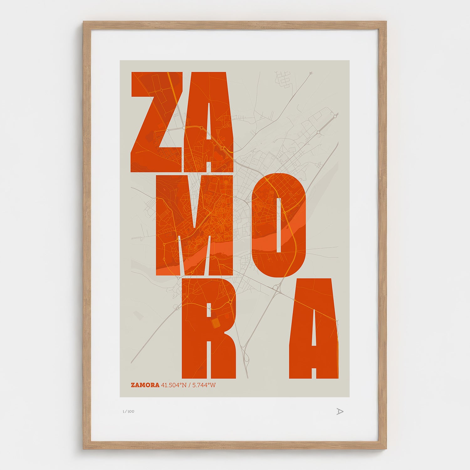 Lámina tipográfica de Zamora – diseño Revoltosa, marco de madera natural