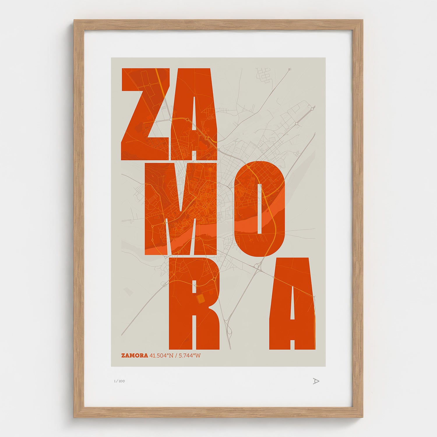 Lámina tipográfica de Zamora – diseño Revoltosa, marco de madera natural