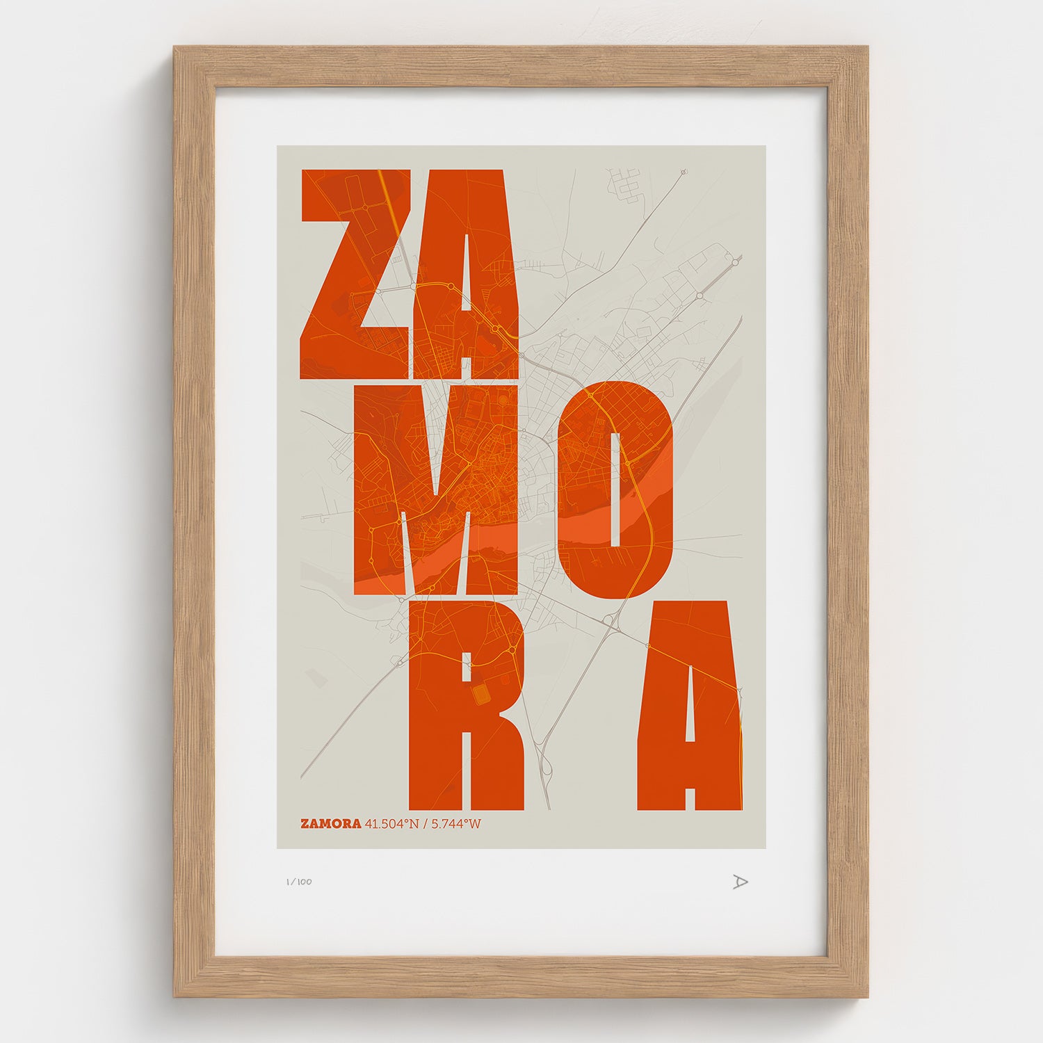 Lámina tipográfica de Zamora – diseño Revoltosa, marco de madera natural