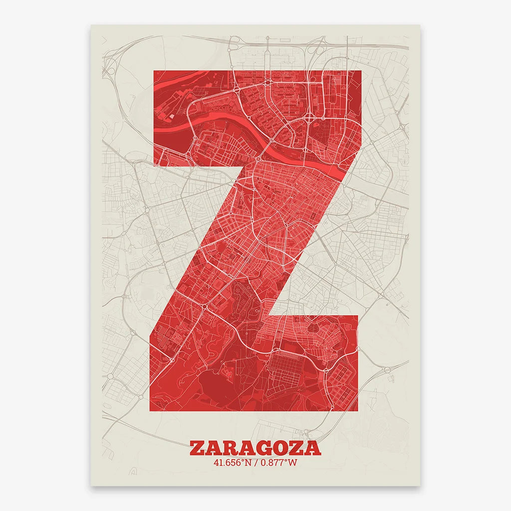 Decorative print of Zaragoza composed with letters in a heavy geometric font printed on red and an off-white background