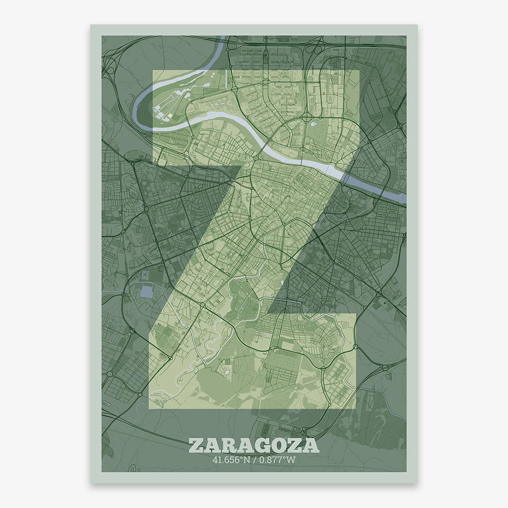 Decorative print of Zaragoza composed with letters in a heavy geometric font printed on two green tones