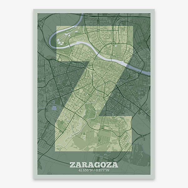 Decorative print of Zaragoza composed with letters in a heavy geometric font printed on two green tones