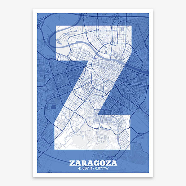 Decorative print of Zaragoza composed with letters in a heavy geometric font printed on navy blue and white