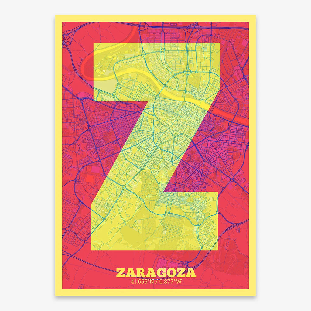 Decorative print of Zaragoza composed with letters in a heavy geometric font printed on yellow and fuchsia