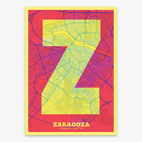 Decorative print of Zaragoza composed with letters in a heavy geometric font printed on yellow and fuchsia