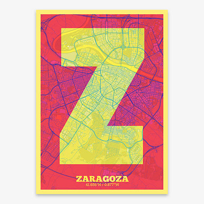 Decorative print of Zaragoza composed with letters in a heavy geometric font printed on yellow and fuchsia