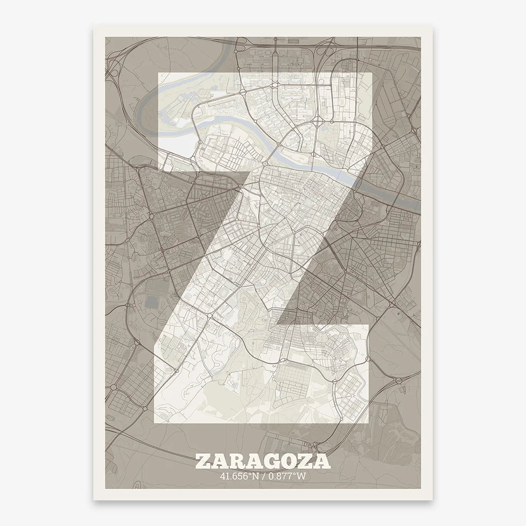 Decorative print of Zaragoza composed with letters in a heavy geometric font printed on light brown and an off-white background
