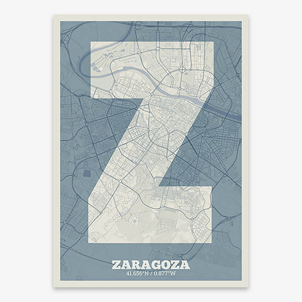 Decorative print of Zaragoza composed with letters in a heavy geometric font printed on bluish gray and an off-white background