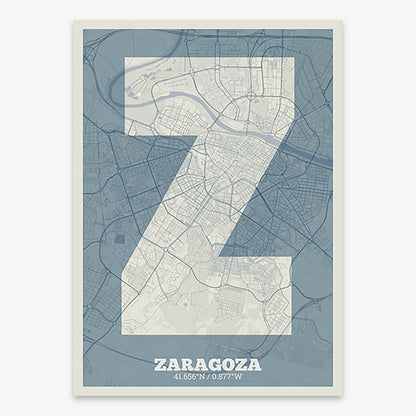 Decorative print of Zaragoza composed with letters in a heavy geometric font printed on bluish gray and an off-white background