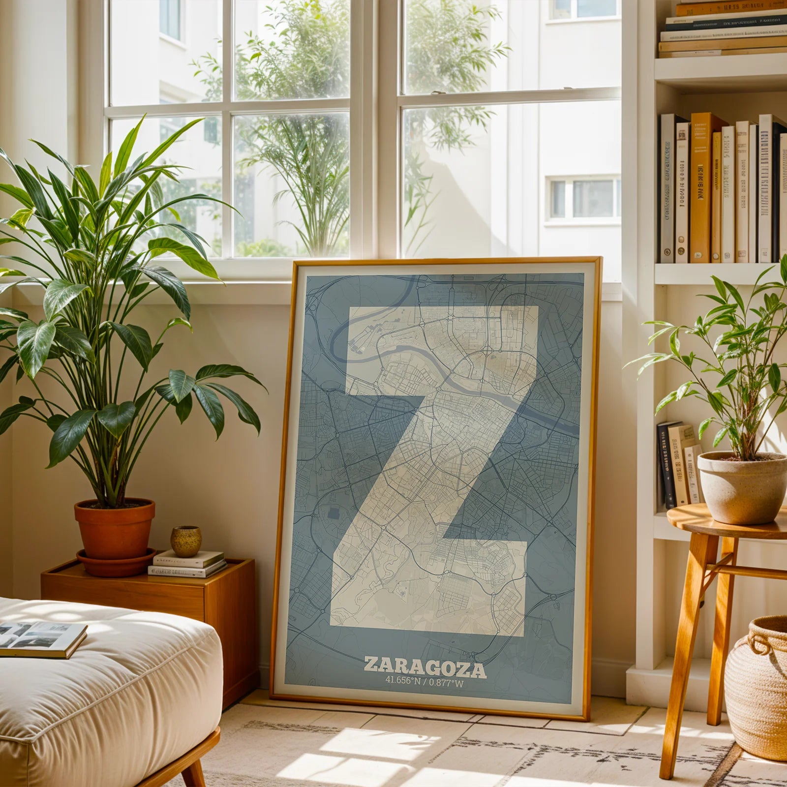 Diseño de interiores moderno con la lámina de Zaragoza en mi diseño la Súper Bold, un póster tipográfico donde el mapa de la ciudad se fusiona con una tipografía extra gruesa para un impacto visual moderno diseñado en gris azulado y fondo blanco roto, expuesto en la pared de un salón
