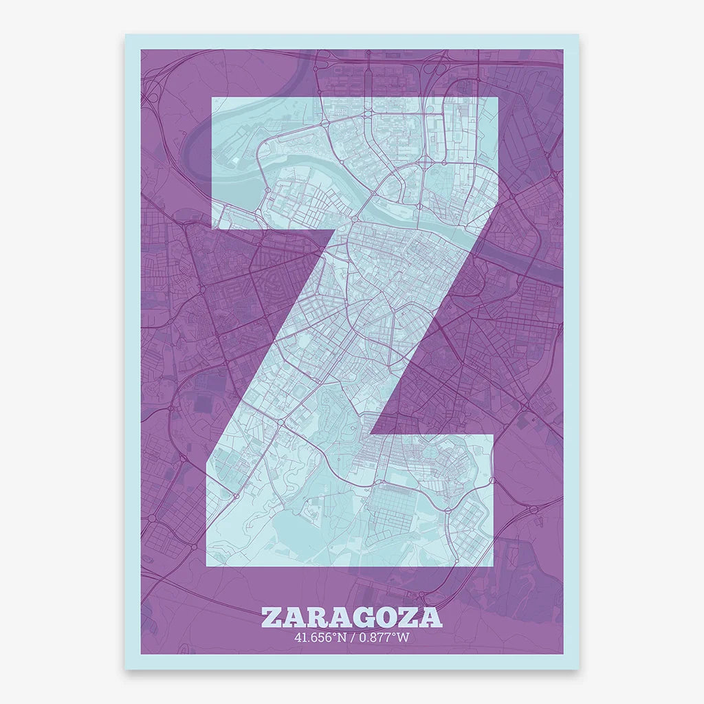 Decorative print of Zaragoza composed with letters in a heavy geometric font printed on purple and light blue