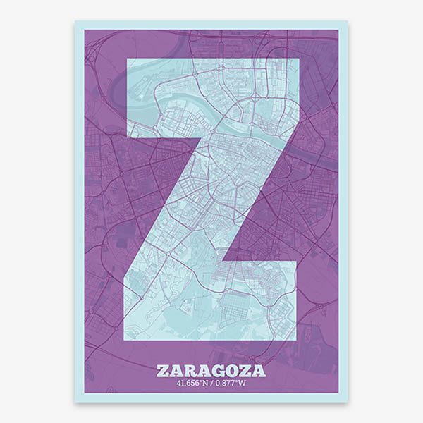 Decorative print of Zaragoza composed with letters in a heavy geometric font printed on purple and light blue
