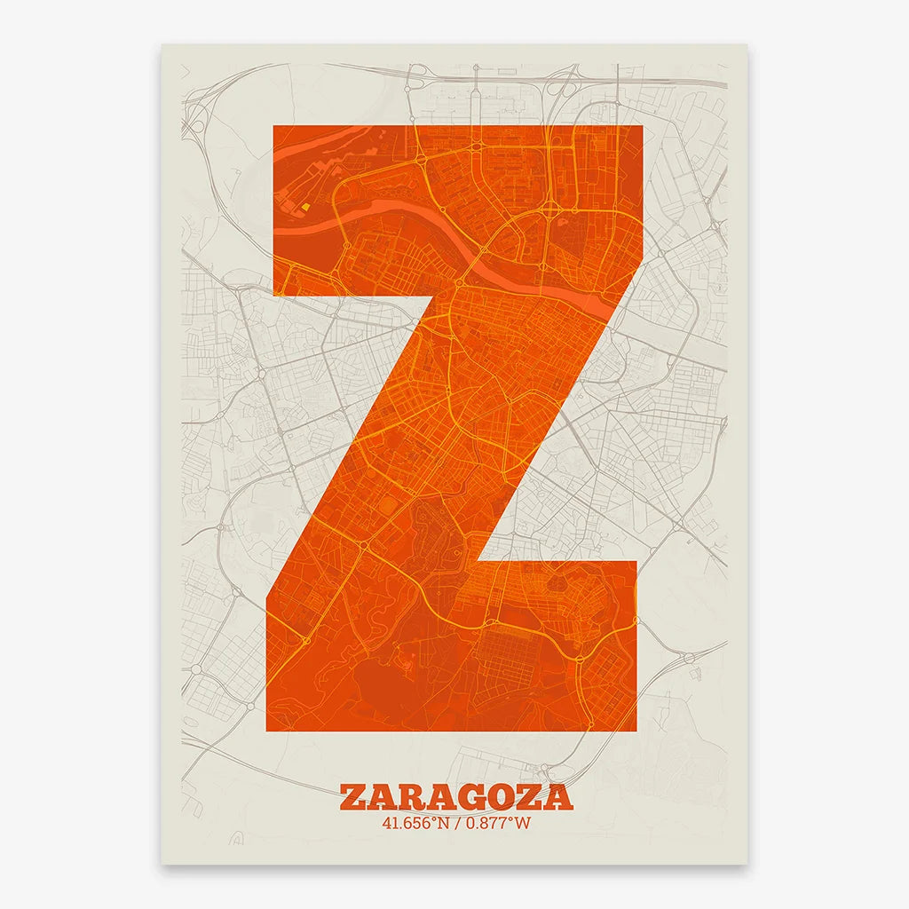 Decorative print of Zaragoza composed with letters in a heavy geometric font printed on orange and an off-white background