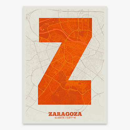 Decorative print of Zaragoza composed with letters in a heavy geometric font printed on orange and an off-white background