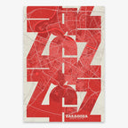 Poster of Zaragoza composed with letters from its abbreviation or its airport IATA code printed on red and an off-white background