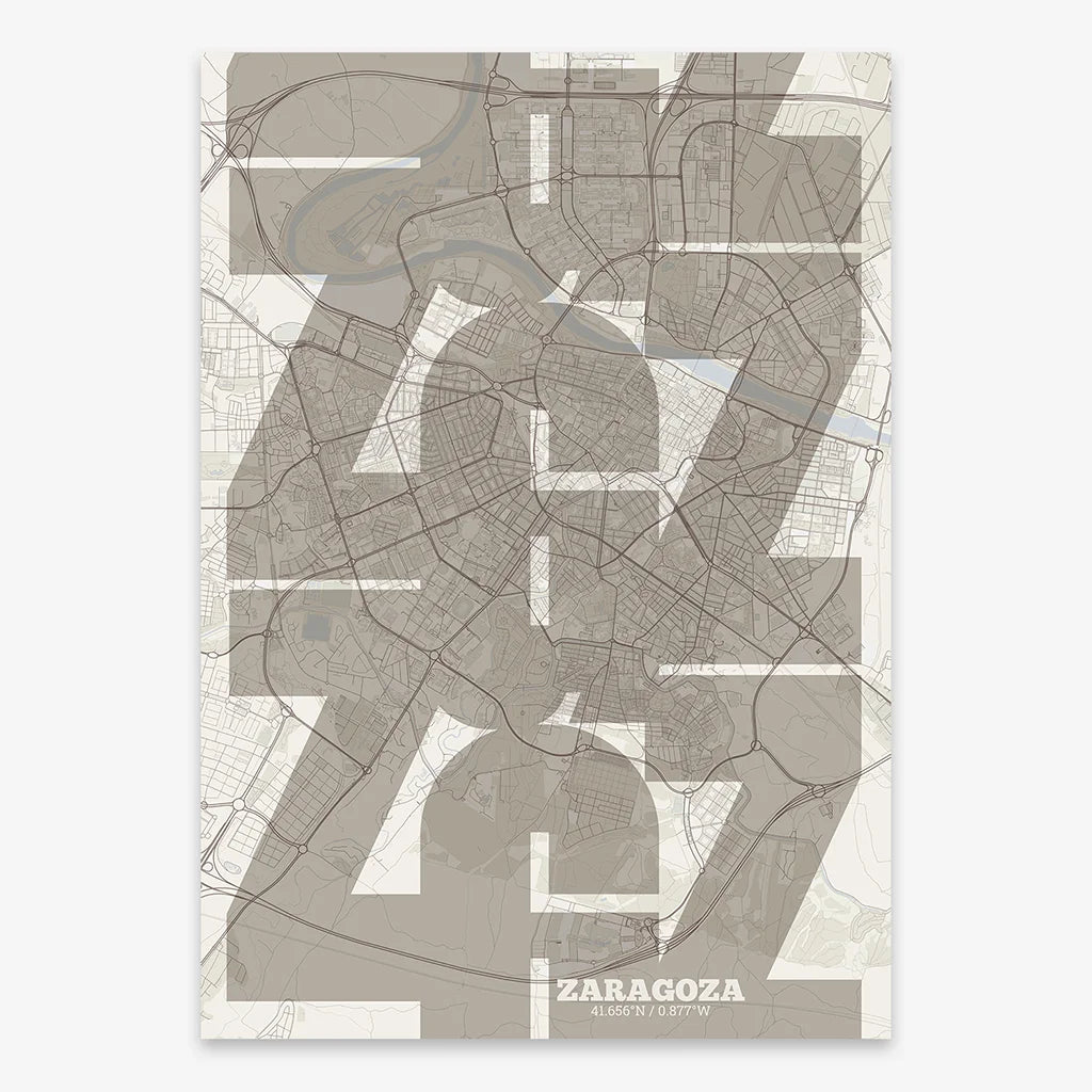 Poster of Zaragoza composed with letters from its abbreviation or its airport IATA code printed on light brown and an off-white background