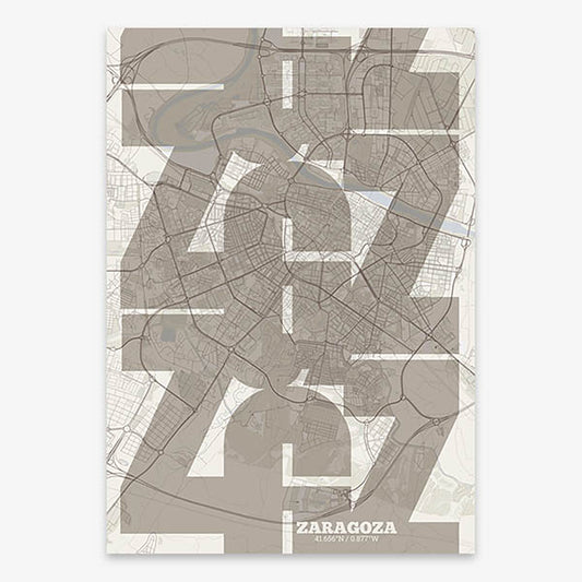 Poster of Zaragoza composed with letters from its abbreviation or its airport IATA code printed on light brown and an off-white background