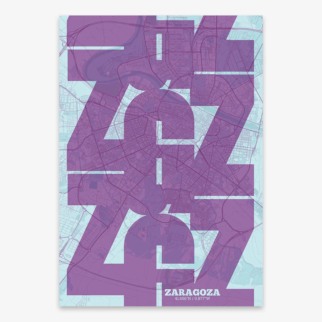 Poster of Zaragoza composed with letters from its abbreviation or its airport IATA code printed on purple and light blue