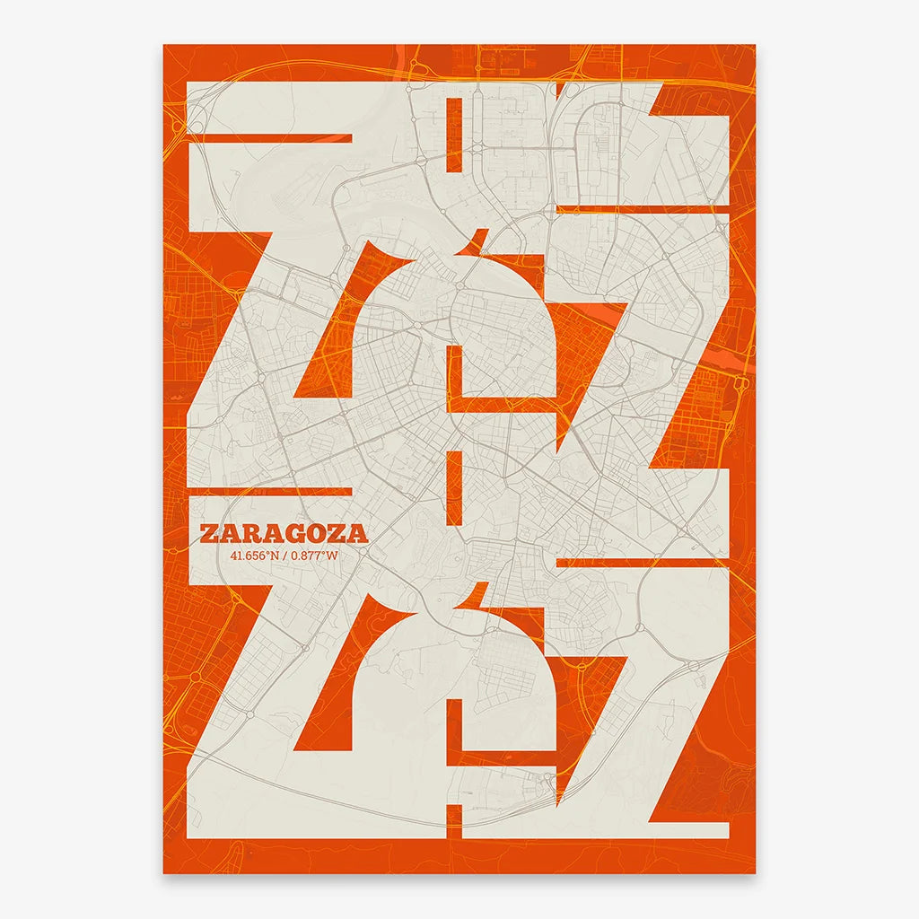 Poster of Zaragoza composed with letters from its abbreviation or its airport IATA code printed on orange and an off-white background