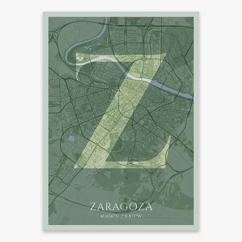 Decorative map of Zaragoza composed with letters in serif font printed on two green tones
