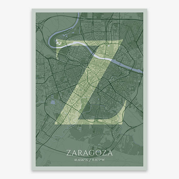 Decorative map of Zaragoza composed with letters in serif font printed on two green tones