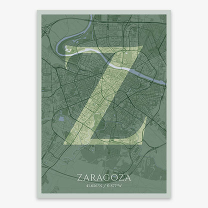 Decorative map of Zaragoza composed with letters in serif font printed on two green tones