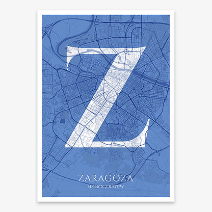 Decorative map of Zaragoza composed with letters in serif font printed on navy blue and white