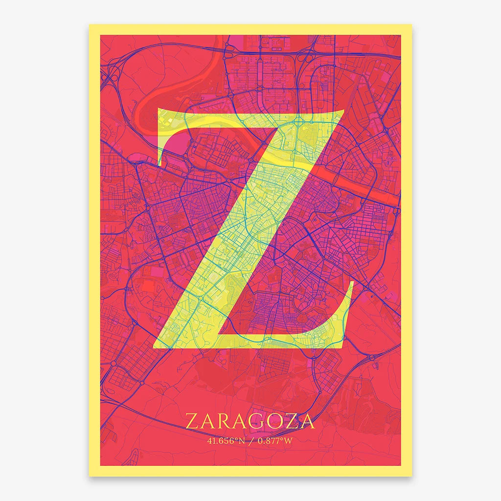 Decorative map of Zaragoza composed with letters in serif font printed on yellow and fuchsia