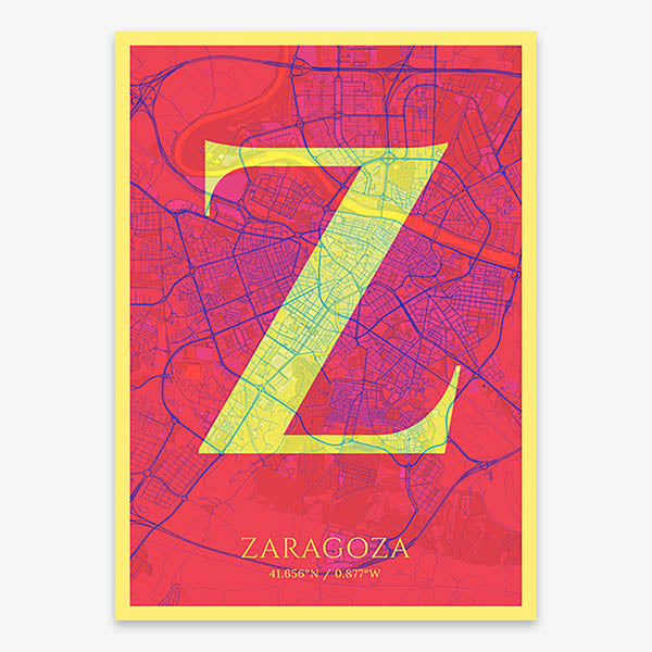 Decorative map of Zaragoza composed with letters in serif font printed on yellow and fuchsia