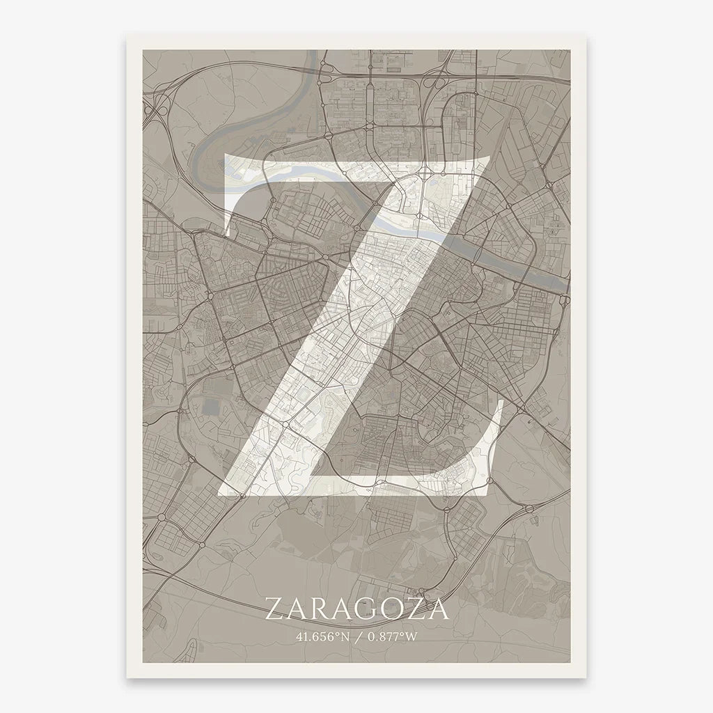 Decorative map of Zaragoza composed with letters in serif font printed on light brown and an off-white background