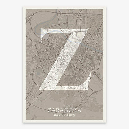 Decorative map of Zaragoza composed with letters in serif font printed on light brown and an off-white background