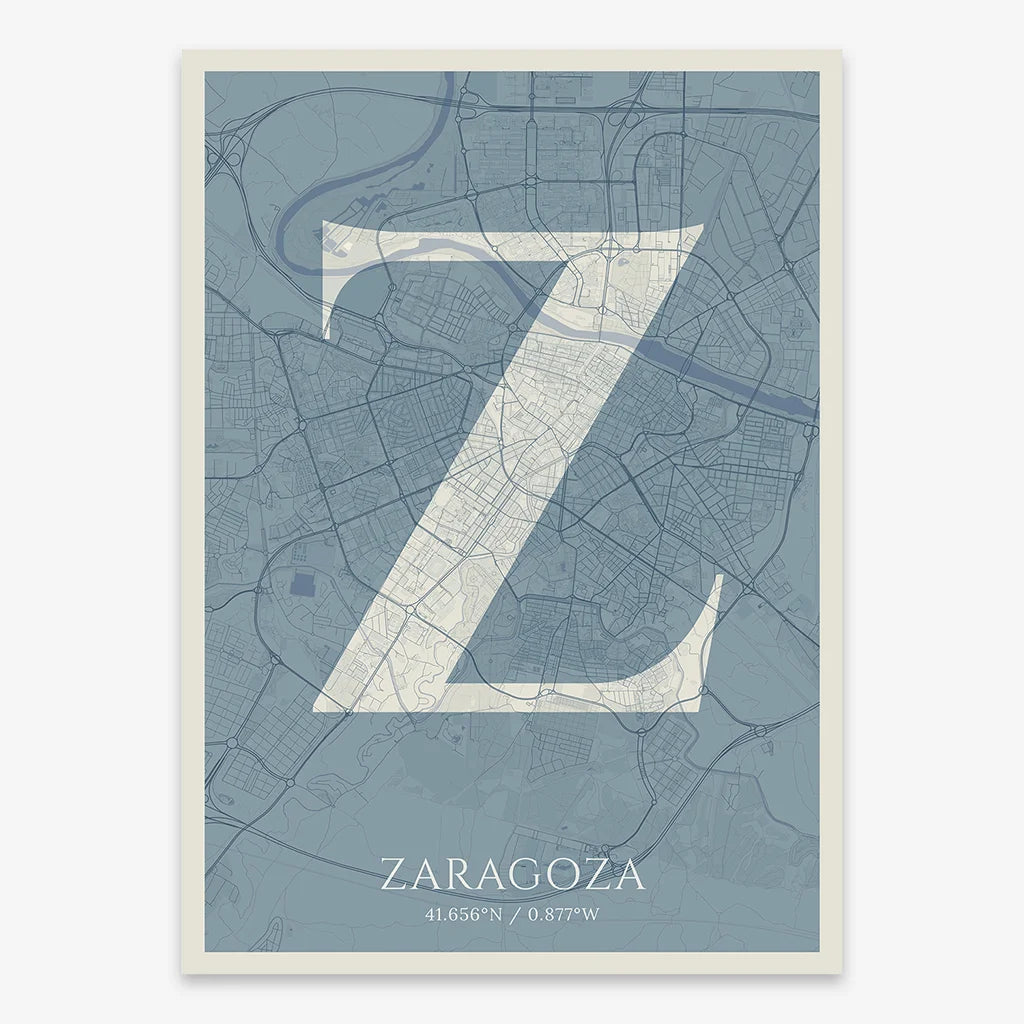 Decorative map of Zaragoza composed with letters in serif font printed on bluish gray and an off-white background