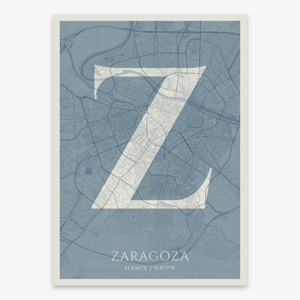 Decorative map of Zaragoza composed with letters in serif font printed on bluish gray and an off-white background