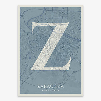 Decorative map of Zaragoza composed with letters in serif font printed on bluish gray and an off-white background