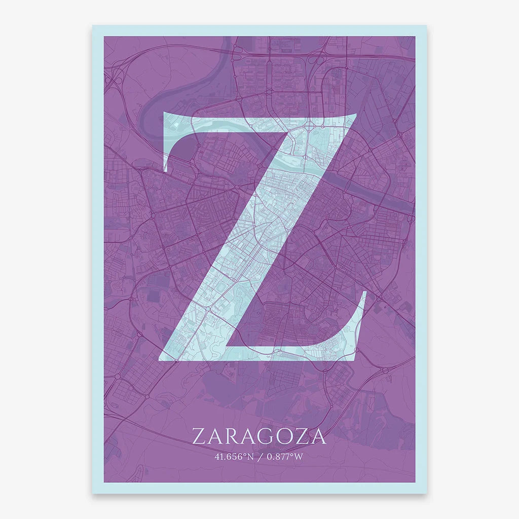 Decorative map of Zaragoza composed with letters in serif font printed on purple and light blue