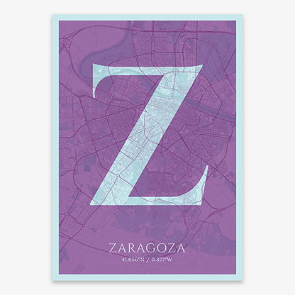 Decorative map of Zaragoza composed with letters in serif font printed on purple and light blue
