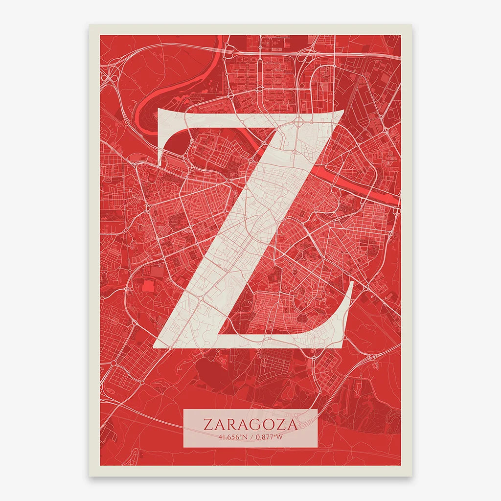Decorative map of Zaragoza composed with letters in serif font printed on red and an off-white background