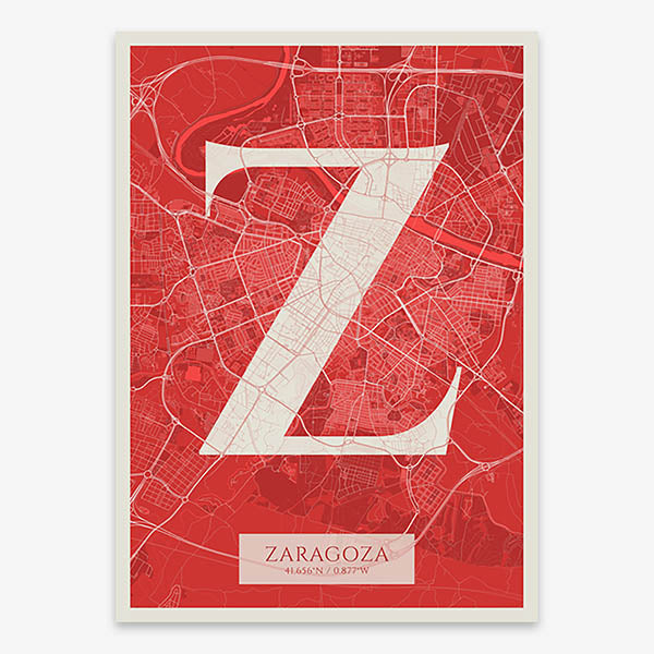 Decorative map of Zaragoza composed with letters in serif font printed on red and an off-white background
