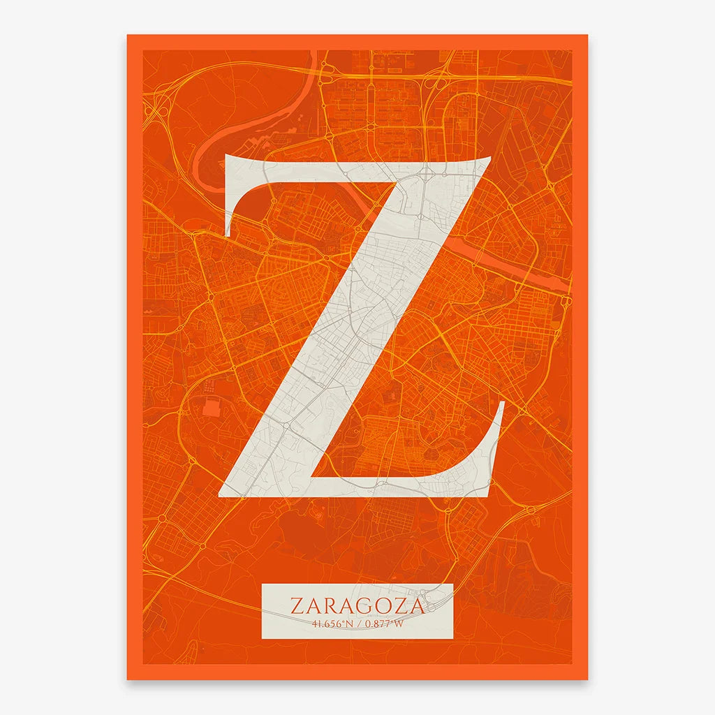 Decorative map of Zaragoza composed with letters in serif font printed on orange and an off-white background