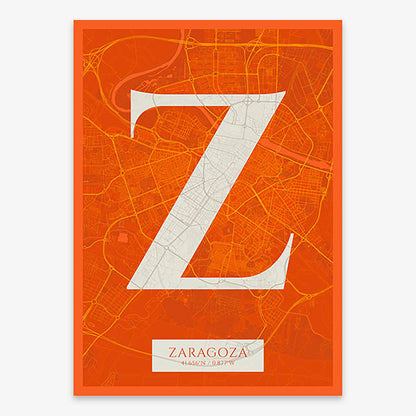 Decorative map of Zaragoza composed with letters in serif font printed on orange and an off-white background