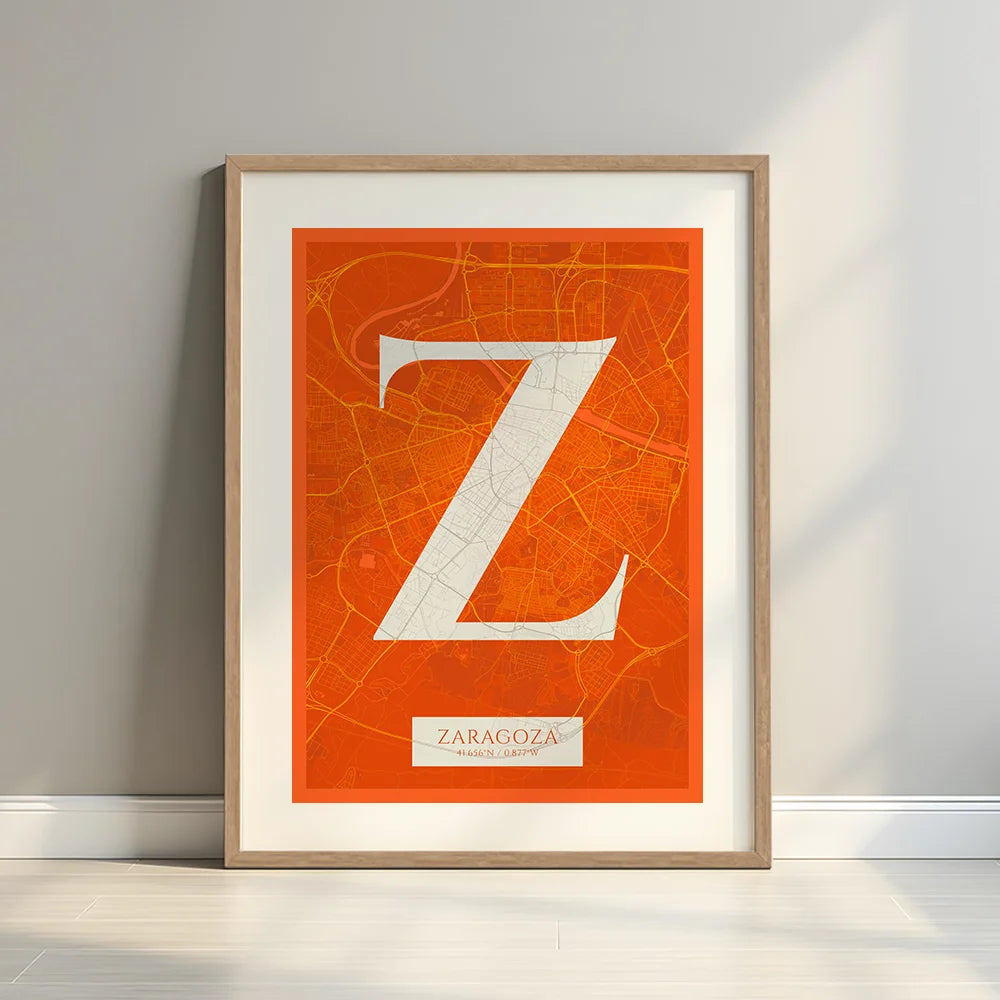 Framed Zaragoza in Classic design, inspired by chiseled typography with an elegant font that creates a beautiful visual contrast designed in orange and an off-white background with a white margin border in a warm lit minimalist setting