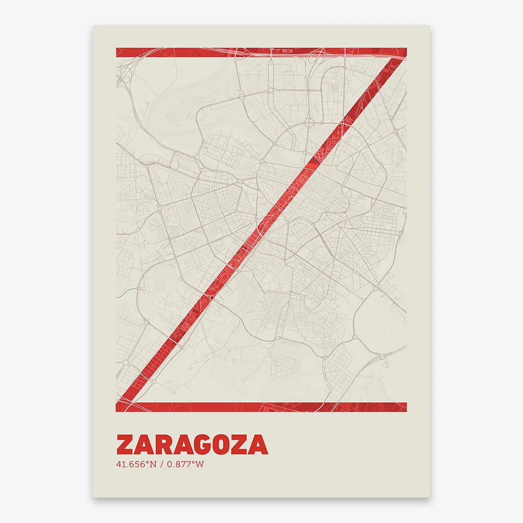 Poster of Zaragoza composed with letters in extra light font printed on red and an off-white background