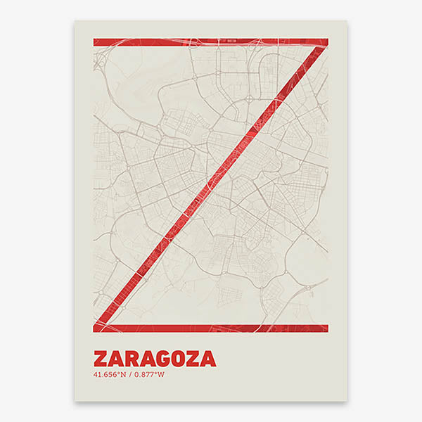 Poster of Zaragoza composed with letters in extra light font printed on red and an off-white background