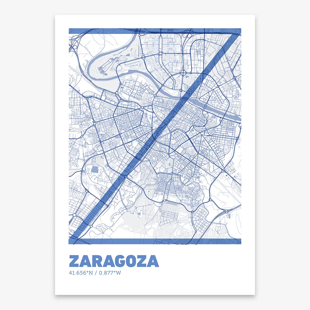 Poster of Zaragoza composed with letters in extra light font printed on navy blue and white