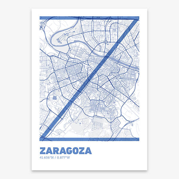 Poster of Zaragoza composed with letters in extra light font printed on navy blue and white